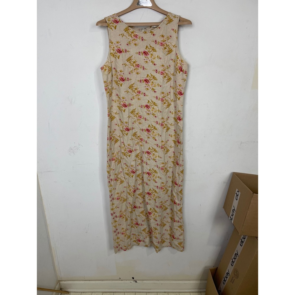 Casual Corner Annex Linen Blend Floral Maxi Dress Sleeveless Pink Yellow‎ Size 6